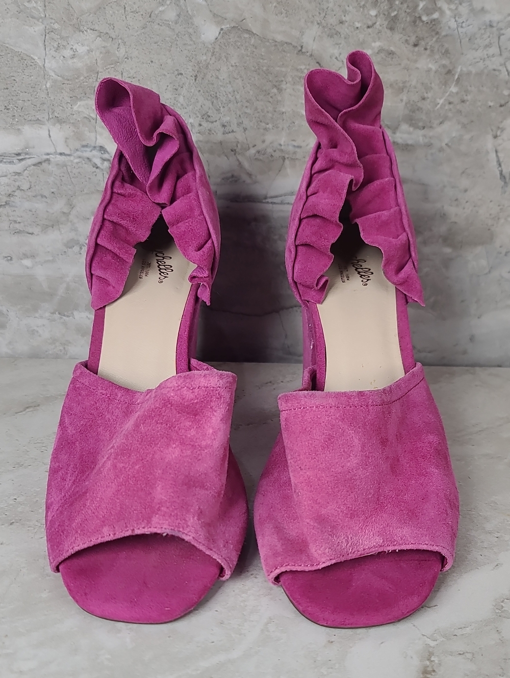 Seychelles TROPICAL Liendo Pink Suede Open-Toe Ruffle Block Heel Sandals 10 - Picture 4 of 13